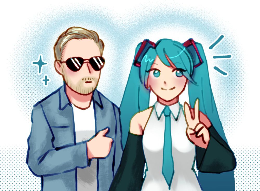 drawing of orange cassidy and miku hatsune standing together (2022)