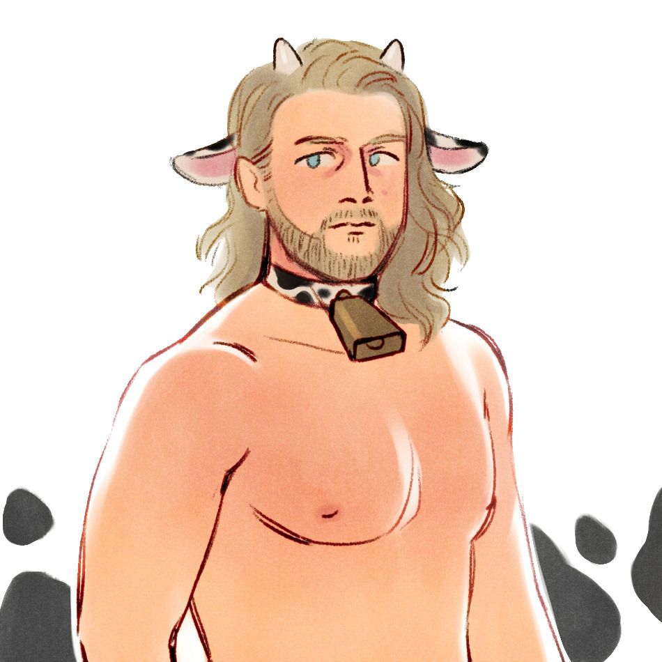 drawing of hangman adam page, shirtless, with cow ears and horns and a cowbell around his neck