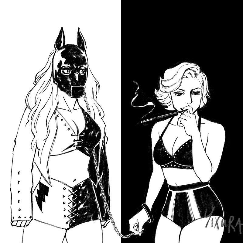 drawing recreating death grips' The Money Store album cover, with timeless toni storm as the dom and mariah may as the sub 