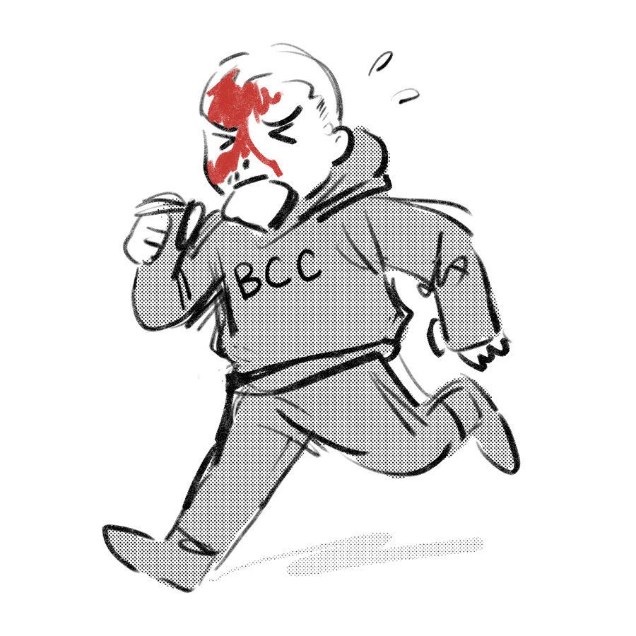 doodle of jon moxley running to bcc school with toast in his mouth. he's bleeding from his head 