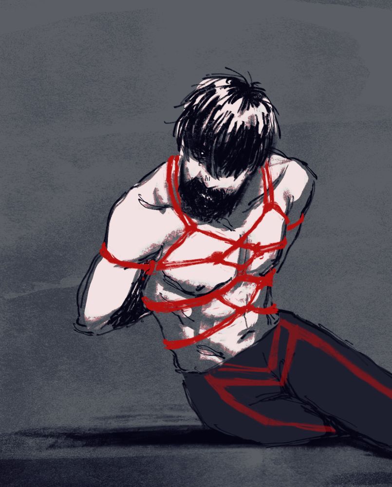 drawing in dark blue monochrome and red, of wheeler yuta in his black and red gear sitting on the ground, leaning forward with his hair in his eyes. he is bound with a red rope shibari harness around his chest and arms