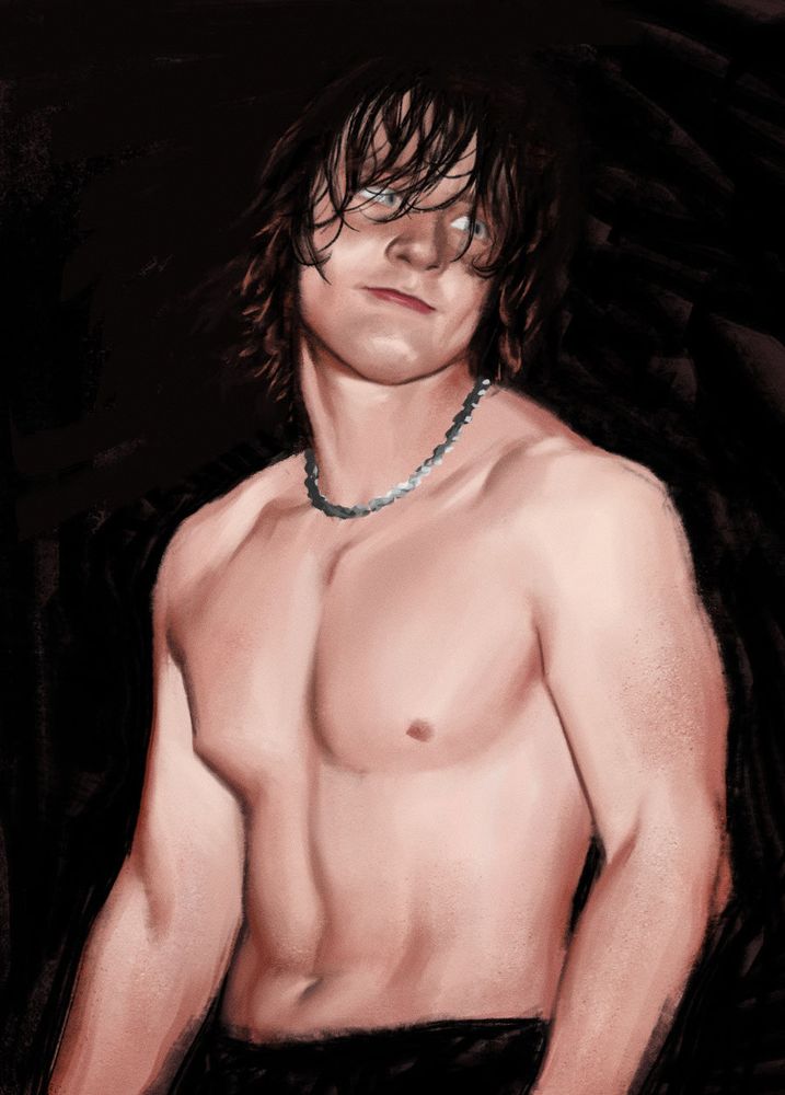 digital painting of a young jon moxley, shirtless and wearing a silver chain necklace 