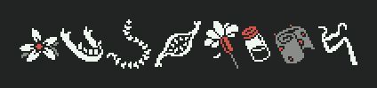 Pixel art illustrations of eight different items. From left to right:
A white flower, a jawbone, a spine, a distorted bone with teeth, a dart, a vial, a gauze, and a twisted twig.