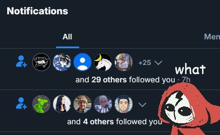 Screenshot of new followers, 35 in total with our little masked guy looking surprised in the corner saying "what" in comic sans.