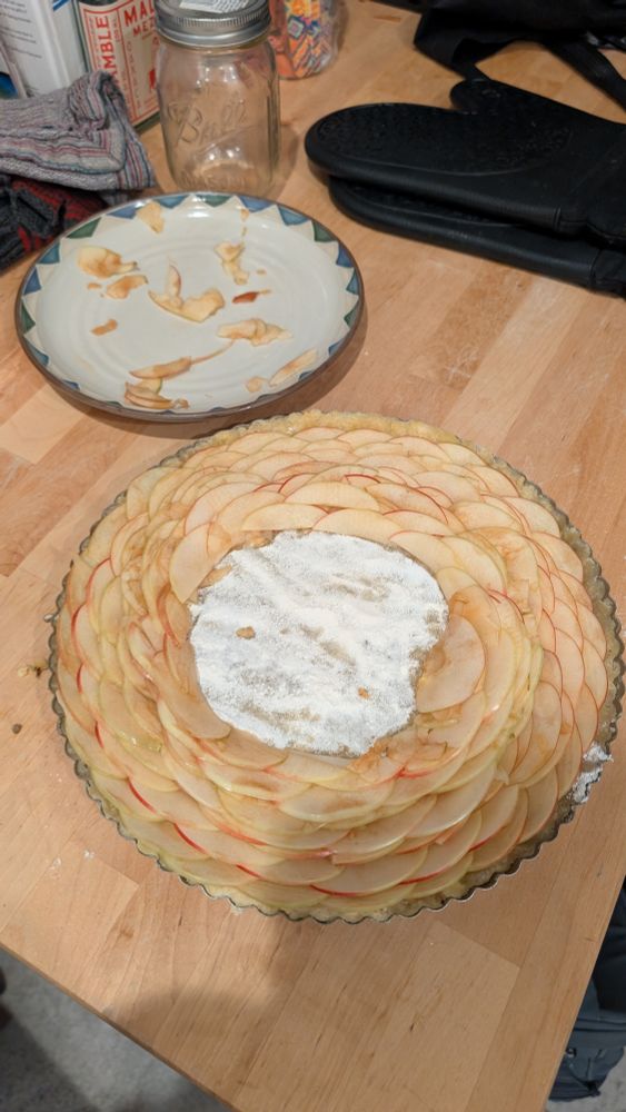 An unfinished rose apple tart. Ran out of apples. Picture shows a plate in the upper left with no more slices and remnants of apple and front and center, the work-in-progress apple tart with a giant missing section with the visible flour/sugar base advice the pie crust