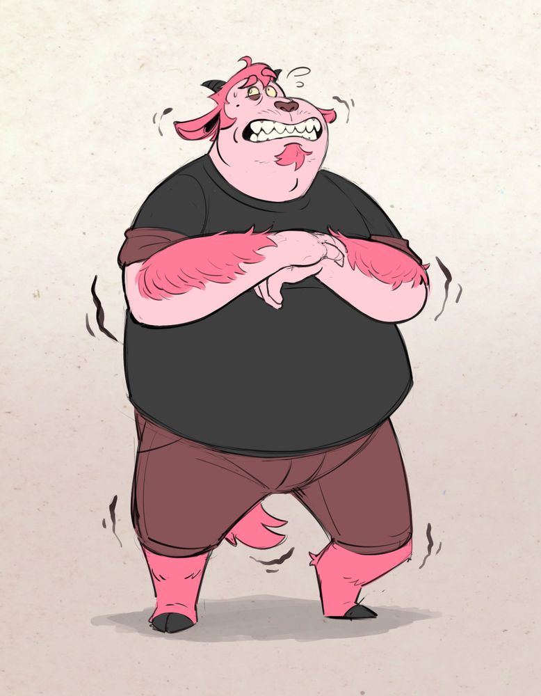 Pink satyr with a very troubled expression, trembling and sweating bullets.
