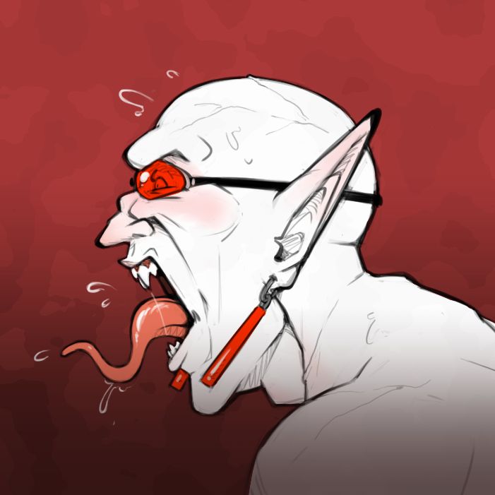 Had to doodle the alchemist again today, this time he's snarling with his eyes narrowed, his jaws unhinged and his tongue out.