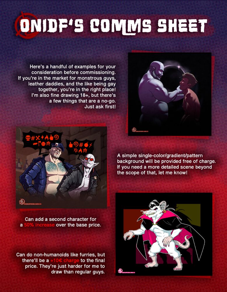 Page 2 of the commissions sheet. A handful of extra examples, and keep in mind that an additional character will cost 50% extra over the initial price, and non-humanoid characters like furries will cost 10€ extra over the final price.