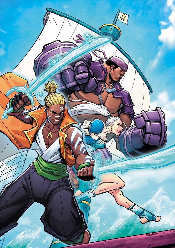 Jackson Hyde, Ha'Wea, and Dolphin, in cool dramatic poses while abord a pirate ship! Art by Mike Bowden.