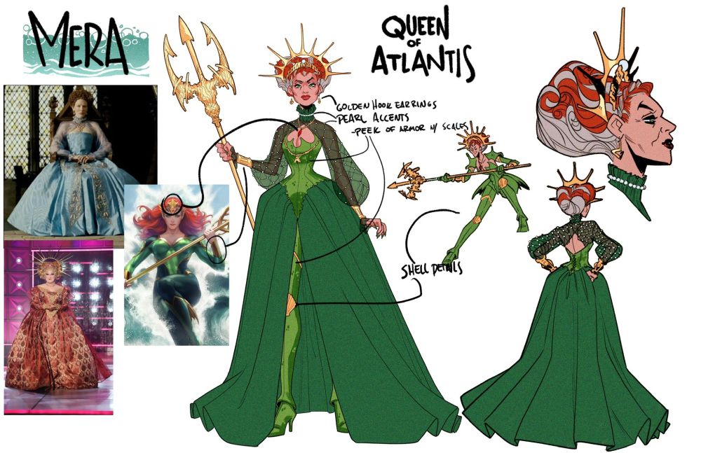 The majestic Mera, with streaks of silver in her hair. These complement the gold finishes in her crown as well we her trident. Influences include Elizabethan fashion, and a touch of drag glamour, along with Mera's traditional look. Art by Bradley Clayton.
