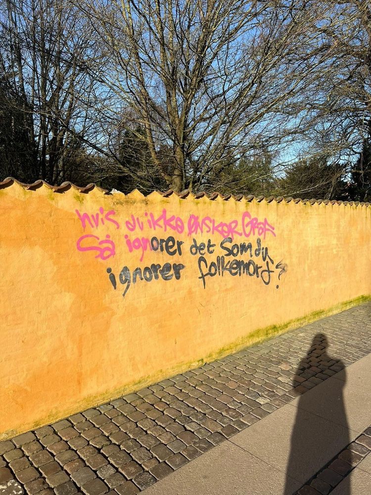 “If you don’t want graffiti, then ignore it like you ignore genocide” written on a wall in Danish