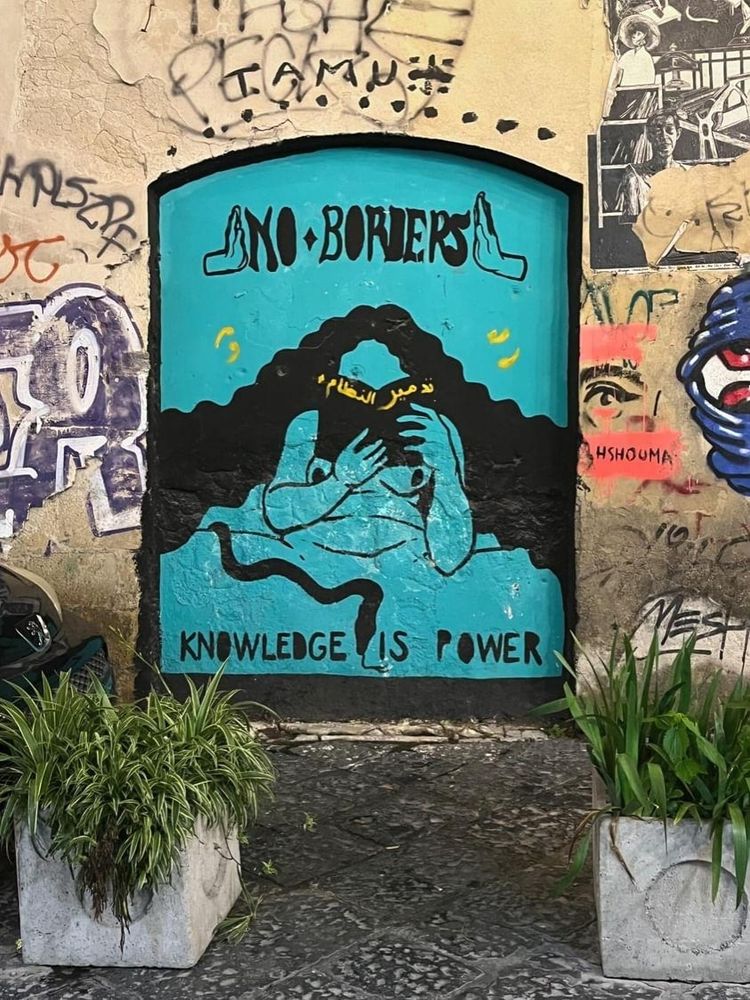 Blue mural on a wall of a person reading a. Arabic book, plus a snake and the words "No Borders, Knowledge is Power"