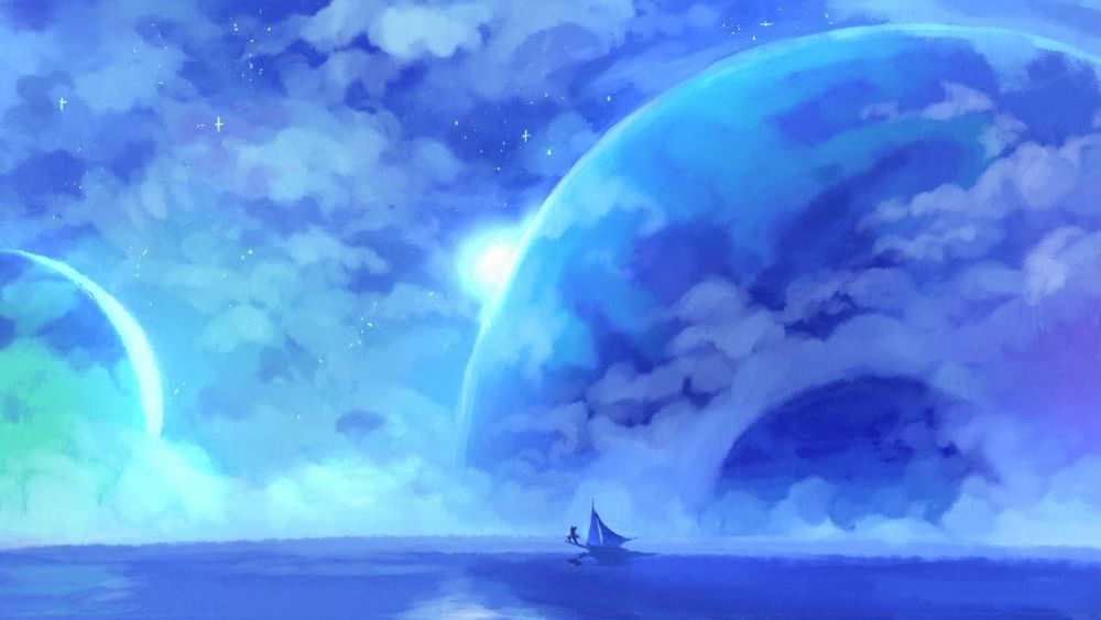 Illustration of a blue cloudy and starry sky with large planets, over a horizon of still water. In the water is a small silhouette of Cadence stainding atop the bow of a sailboat.