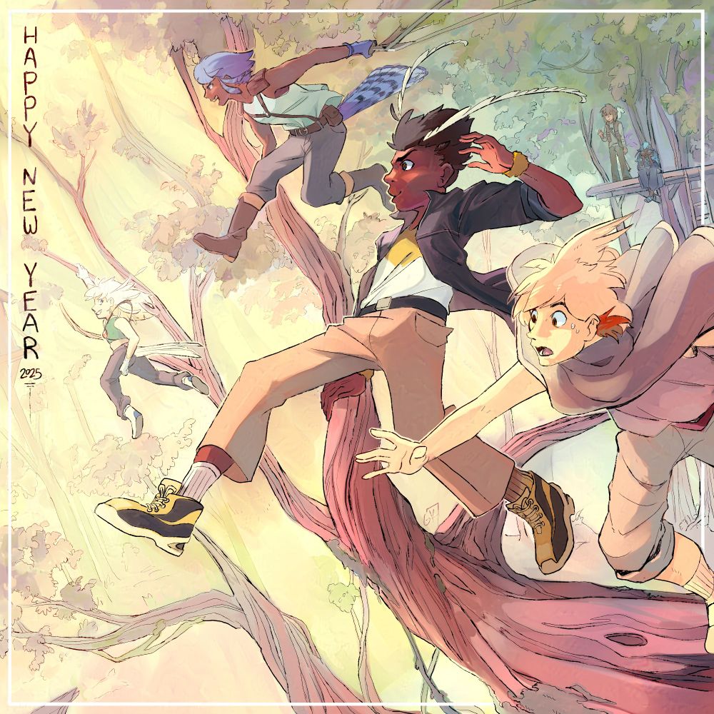 Four humanoid characters with bird-like features freerunning over tree branches through a sunny forest. In the background, two more sit on an elevated platform attached to a tree watching the others. On the left side of the image reads "Happy New Year 2025".