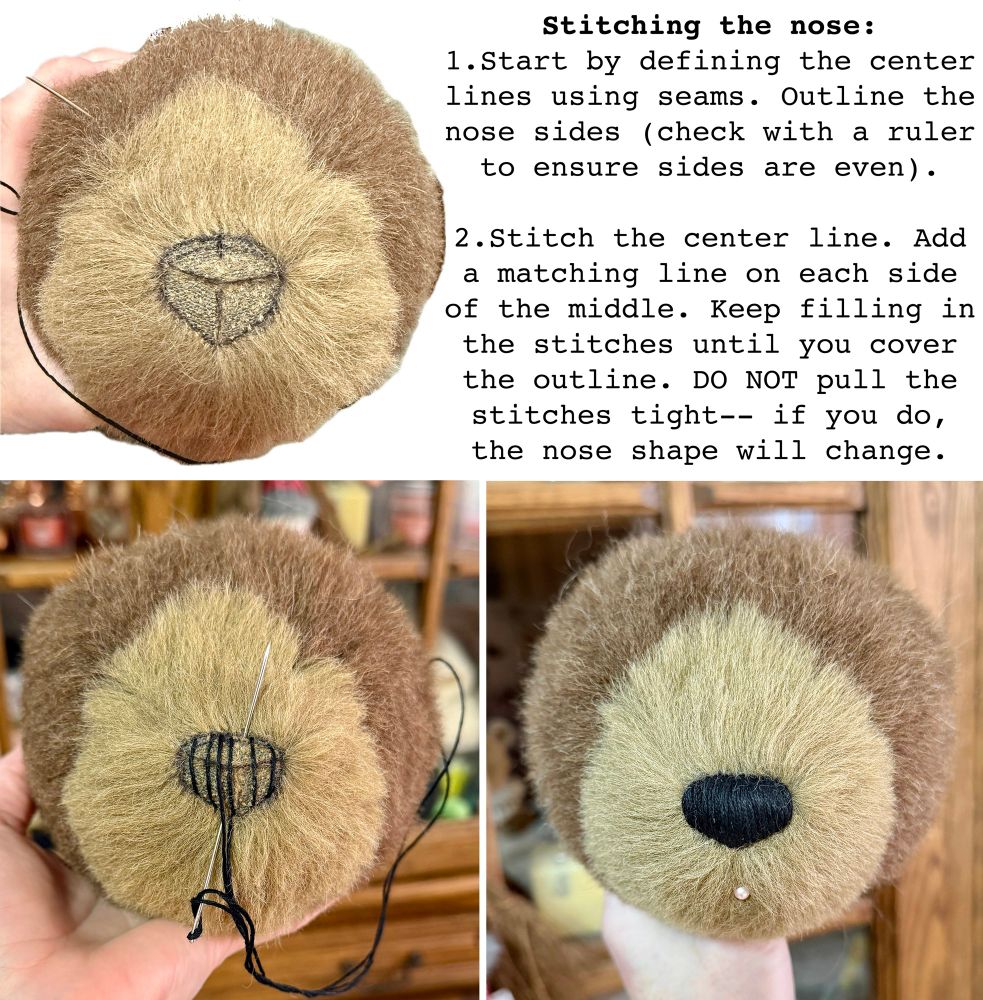Teddy bear head shown in three stages: First with nose outlined in ultra fine Sharpie marker. Second with the first few lines of nose stitches. Last image shows the completed nose. 