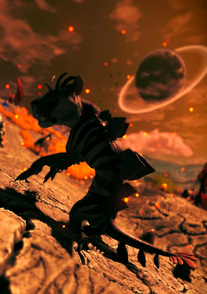 The same creature silhouetted against a firestorm. There is a ringed planet in the sky behind it