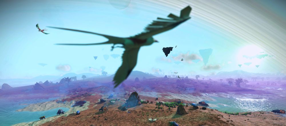 Bird!!! Against a purple and brown landscape that is misty. You can see the planet's rings in the BG isn't that cool. I wish our planet had rings. Or do I would that make for more catastrophic space debris destroying my ac unit