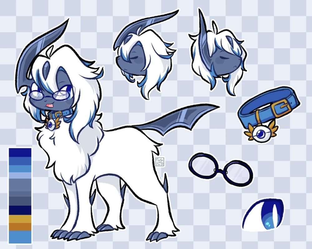 A ref sheet of a white quadruped creature (Absol) with blue fur highlights, blue eyes, glasses, and a collar with an explorers badge on it