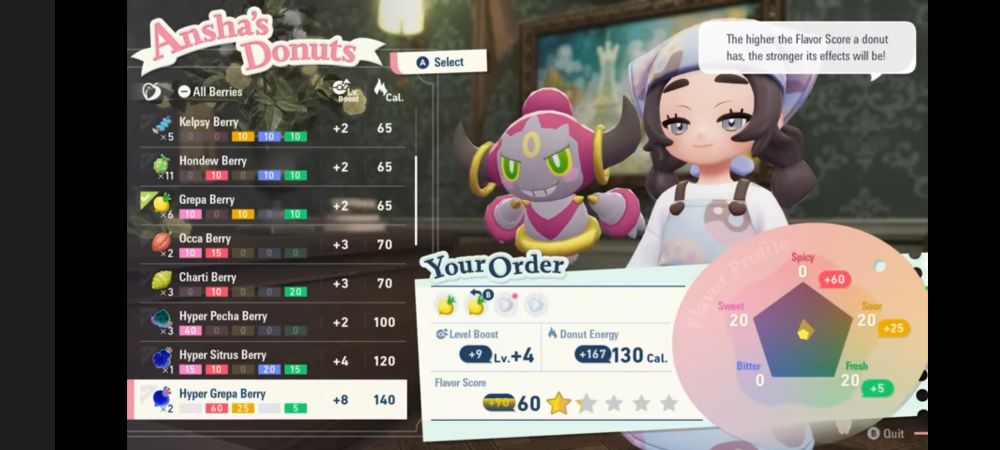 screenshot of the mega dimensions dlc for Pokémon za, depicting anshas donuts with hoopa and ashna with a berry selection guide on one side and a elements wheel on the other 