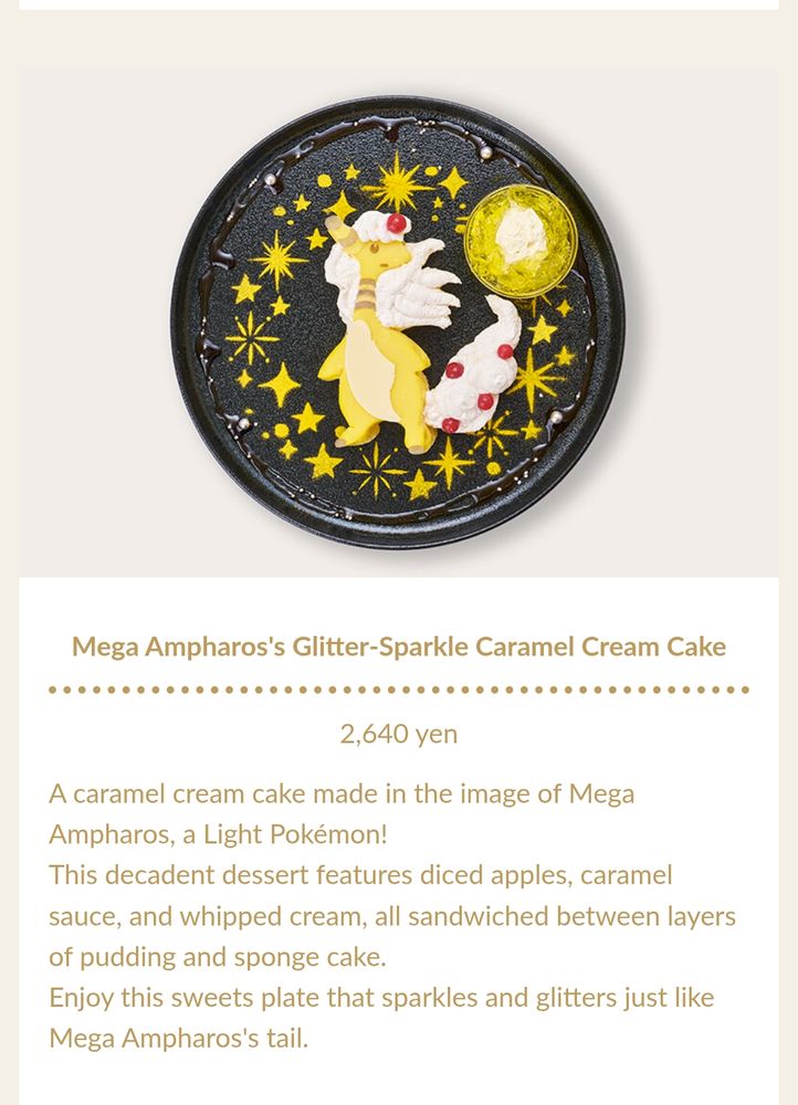 a caramel cream cake from the Pokémon cafe that has a black base and mega ampharos in the middle with sparkles around it and it's hair as whipped cream 
