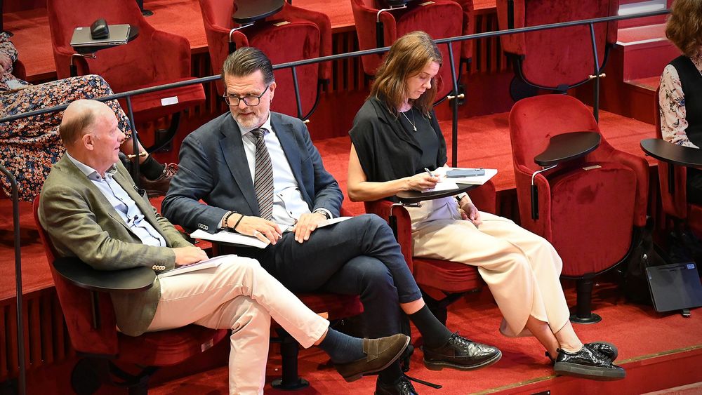 Philip Leissner's supervisors Claes Held, Erik Olsson, and Elisabet Rondung during the defence at the Humanities Theatre, Uppsala University