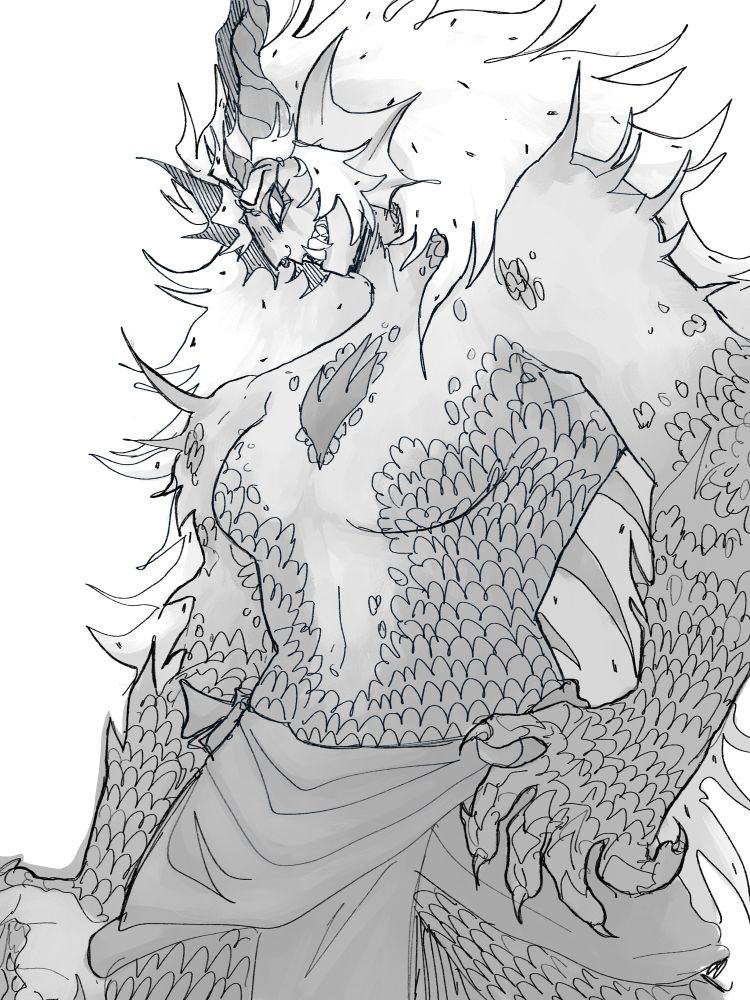 A digital sketch of Pitaya Dragon Cookie in a humanoid design. They’re facing to their right. They aren’t wearing a shirt, but don a cloth on their lower half. Pitaya has scales growing up their arms and torso, and spikes coming out of their skin and spine. Their hands are closer to a dragon’s than that of a person’s. 