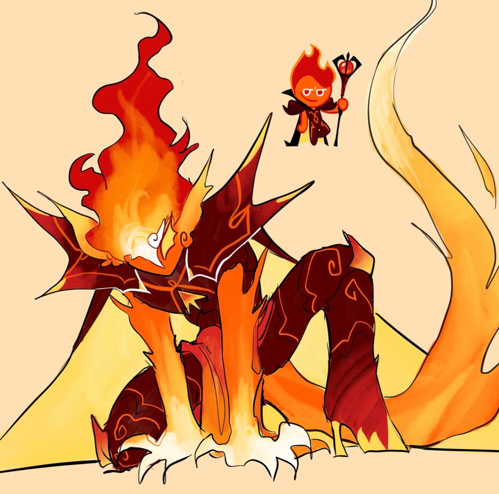 A digital illustration of Fire Spirit Cookie from Cookie Run, with an altered design, more creature-esque. He’s crouched on the floor, hands bracing against it. His arms gradient from orange to yellow to white at his hands, and he’s been given a tail of flame with the same pattern. His armour has been made more prominent, decorated with orange patterns and a decorative cloth around the torso. 