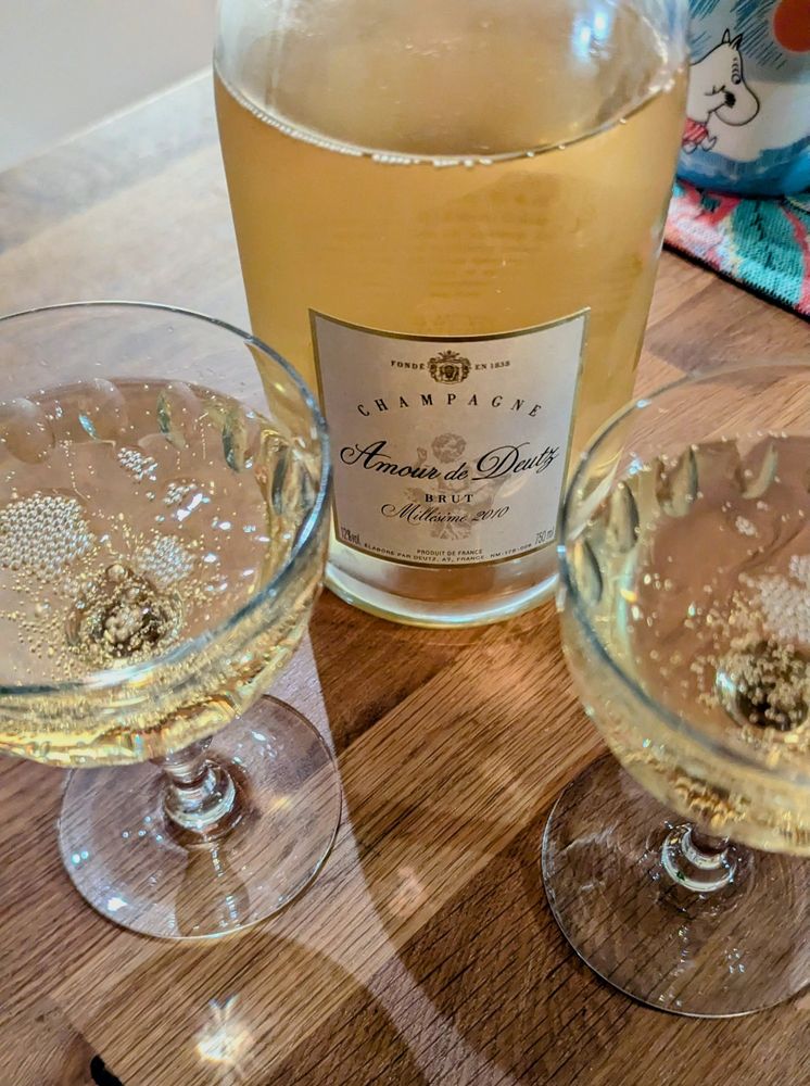 An opened bottle of champagne with two filled glasses in front of it.