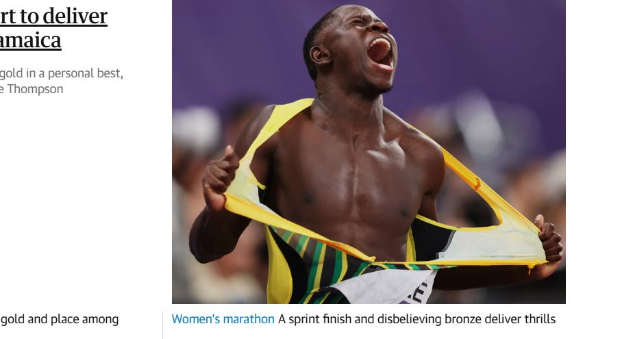 Screenshot from theguardian.com picturing men's 100 metre sprint winner Oblique Seville with the byline "Women's marathon A sprint finish and disbelieving bronze delivers thrills".
