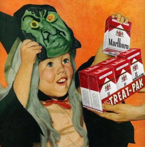 1950s-ish style ad painting of a kid taking off their mask while happily accepting a pack of Marlboro cigarettes as a Halloween treat.
