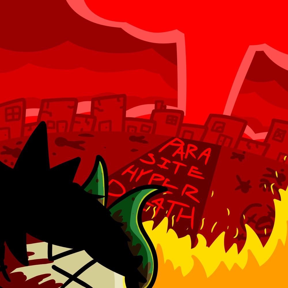 album art for Parasite Hyperdeath; mushroom cloud in background with character in bottom left, all red and horizon littered with bodies.