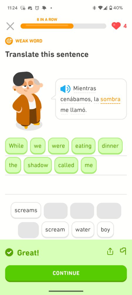 Duolingo exercise: Lin is saying "Mientras cenábamos, la sombra me llamó."
(While we were eating dinner, the shadow called me.)