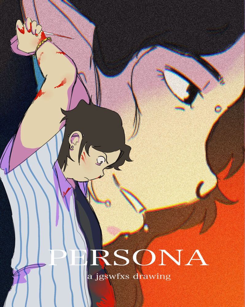 reproduction de l’affiche du film « Perfect Blue », avec un personnage au premier plan représentant OP et sa persona derrière. le titre de l’affiche est « PERSONA »