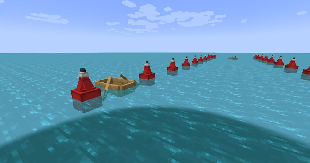 A Screenshot for a Minecraft Ocean Flat World, 2 lines of buoys sit atop the water. Two oak boats can be seen.