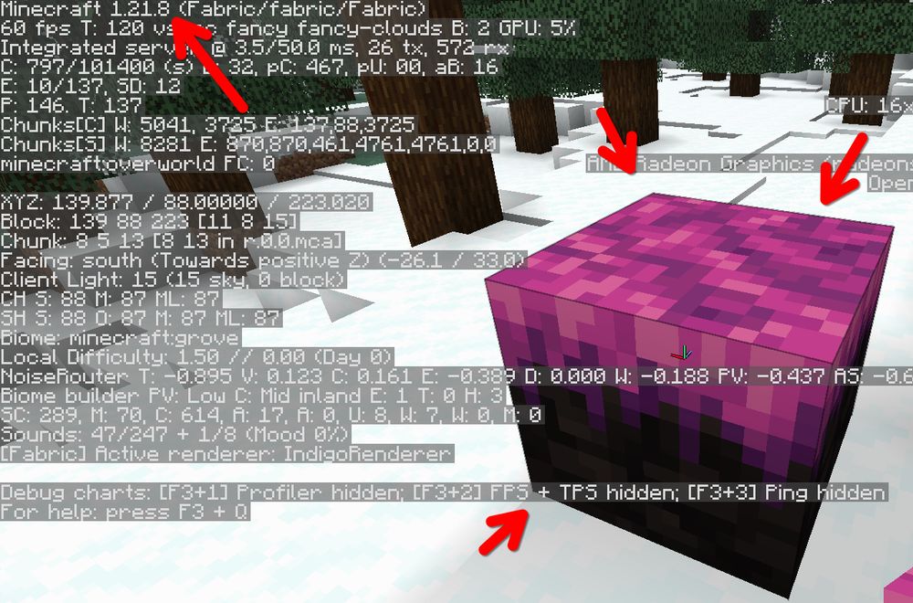 A Minecraft screenshot, with multiple arrows pointing towards the Sod block from The Titanium Mod and one arrow pointing to the Minecraft version, shown in the open Debug (F3) menu, "1.21.8".