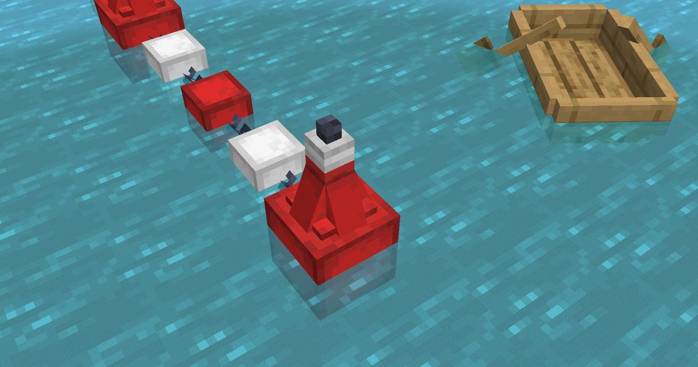 Minecraft Screenshot of two Red Buoys, connected by 2 white and 1 red chain buoys, next to an oak boat. 