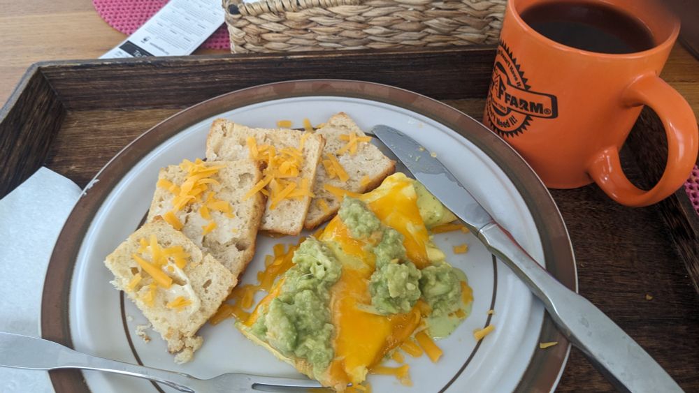 Omelette, biscuits, guac and cheese all in a very PTA palette