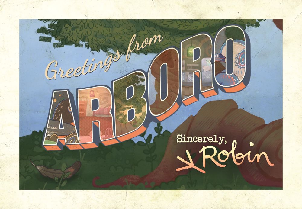 The front of a postcard featuring the text “Greetings from Aboro” and the logo of my team’s game, “Sincerely, Robin”.