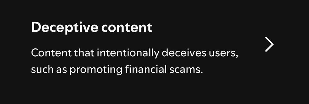 The menu option in Spotify’s reporting page for “Deceptive Content”. The description reads “Content that intentionally deceives users, such as promoting financial scams.”