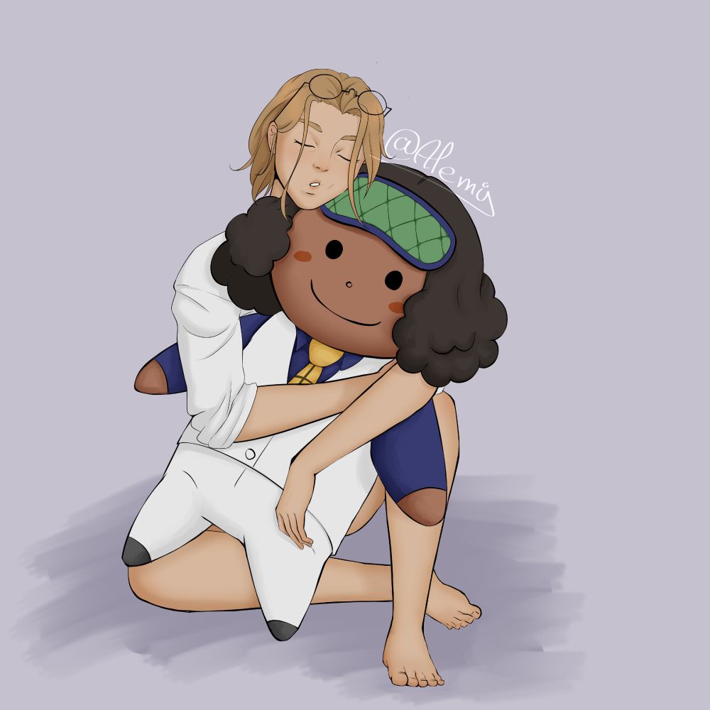 Digital art of a person asleep holding a big plushie of Kuzan from one piece