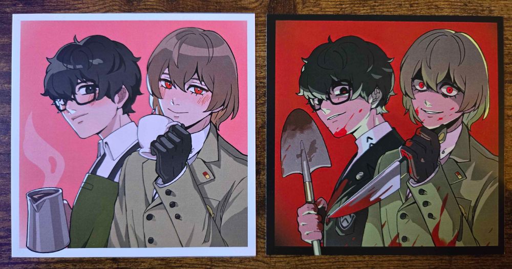 Two mini prints side by side. On the left is Akechi holding a mug of coffee to his chin with a soft smile and sweet expression. Joker stands to the left of him, also looking pleasant, with a carafe of hot coffee in his hand. The print on the right has the same poses as the print on the left, however Joker is holding a bloodied shovel instead of a carafe with blood splattered across his face and has a wild look in his eye. To his right is Akechi holding a bloodied knife, blood spattered on his clothes, glove, and face. He equally looks... threatening. Prints drawn by @smokedham for Knife's Edge - a Shuakeshu Horror Zine