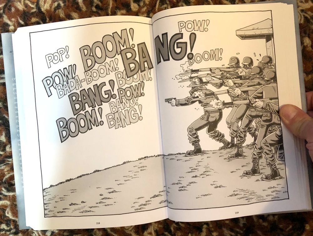 Spread from my graphic novel  KENT STATE. The National Guard unleashes their deadly fusillade into a parking lot full of unarmed students.