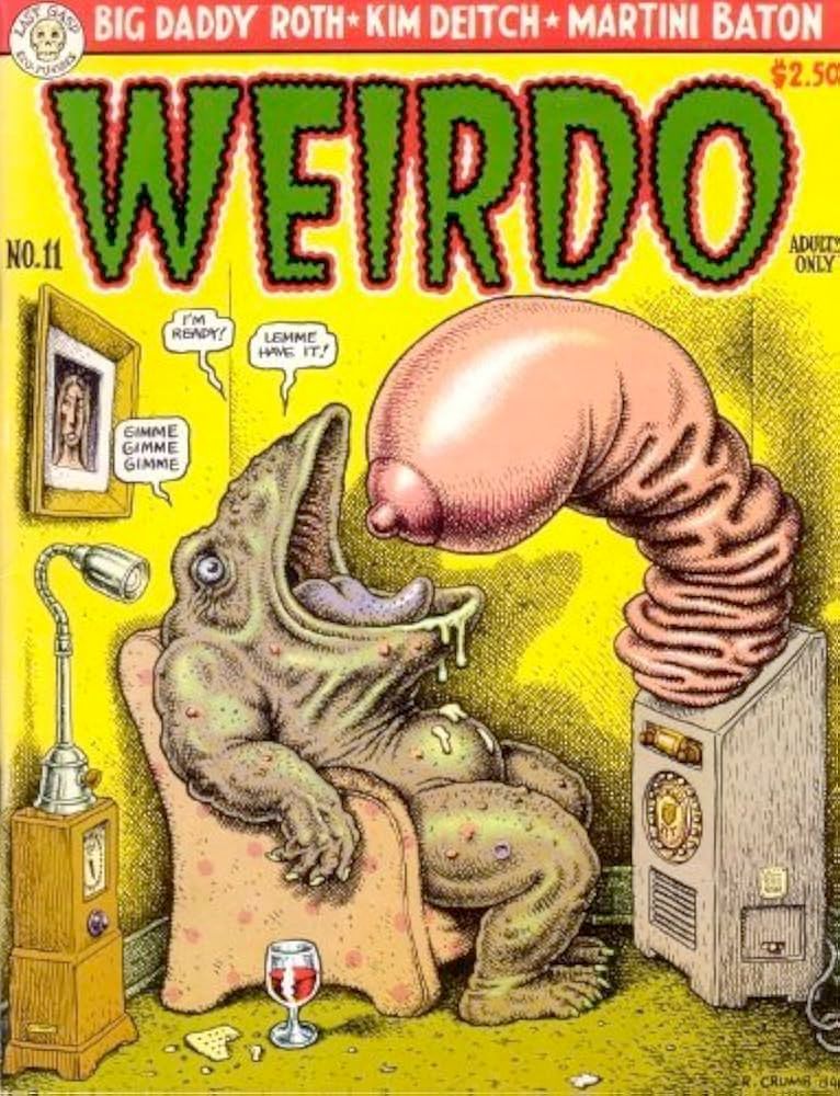 Weirdo mag. Tit slinky pops out of a media device to a frog man in  chair who opens wide to suckle it.