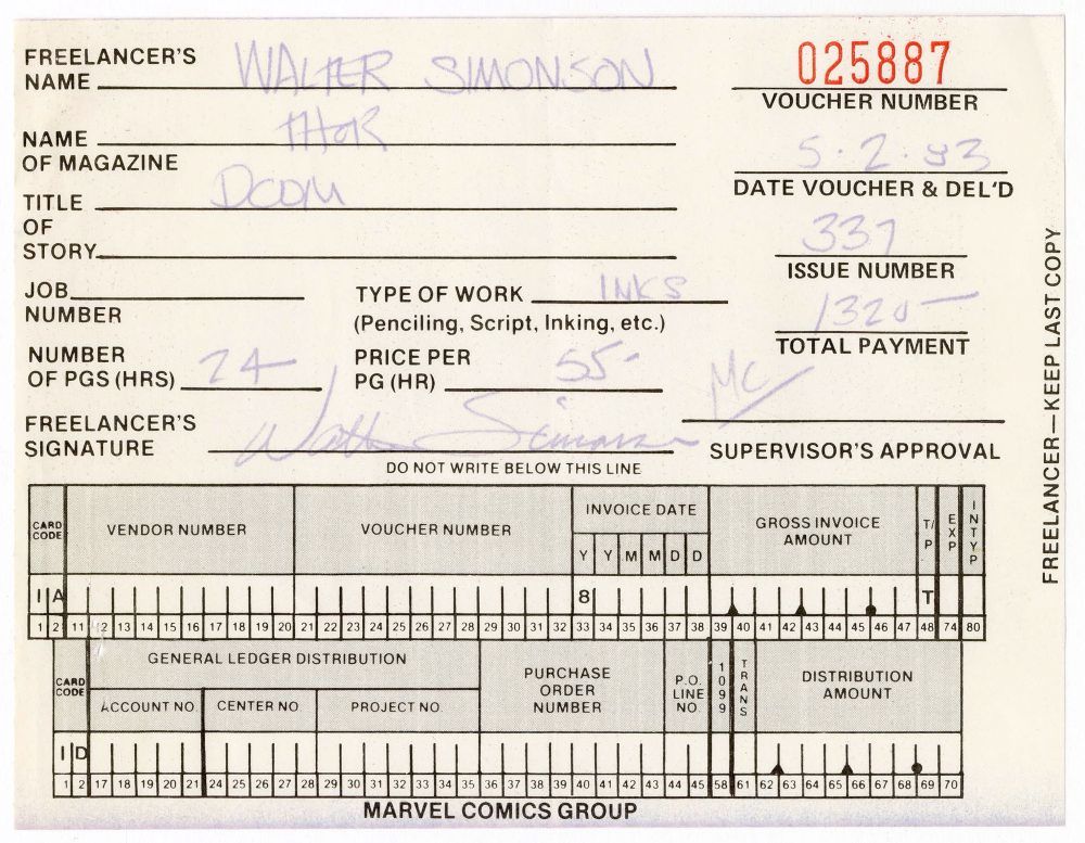 Marvel payment voucher for Walt Simonson.