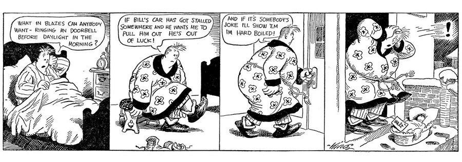 Walt awakes in the middle of the night and finds a baby left on his doorstep. Gasoline Alley, Fe. 14, 1921.