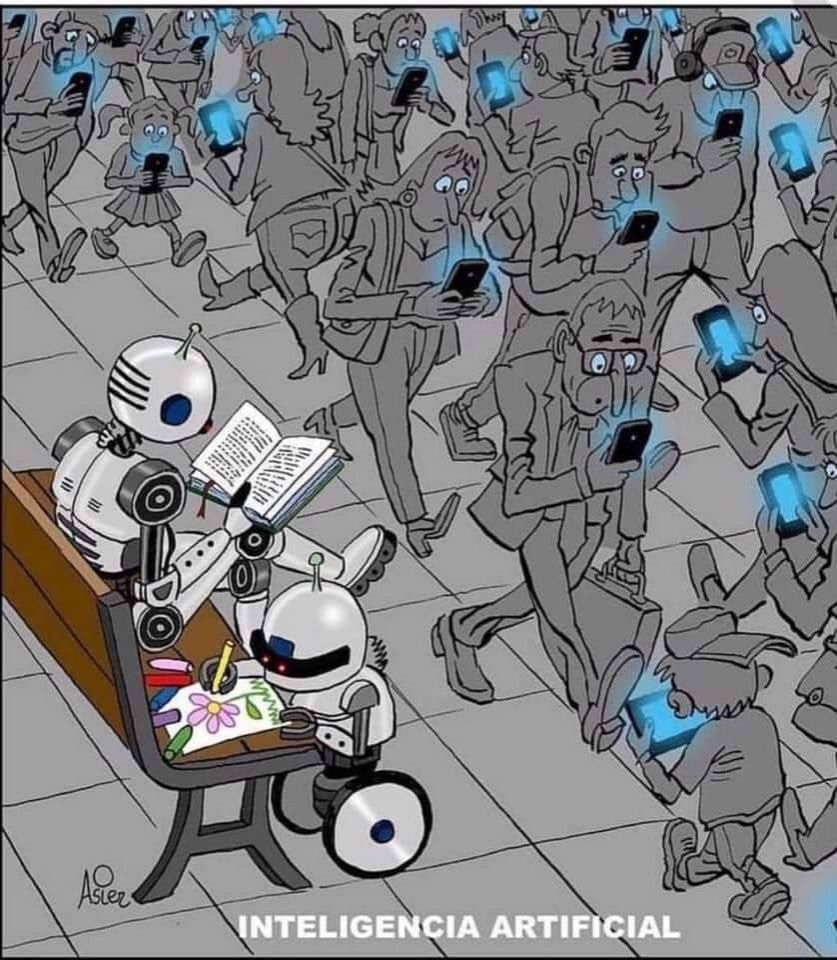 Una viñeta animada donde aparecen dos robots leyendo un libro, sentados en un banco, mientras pasan muchas personas leyendo sus móviles