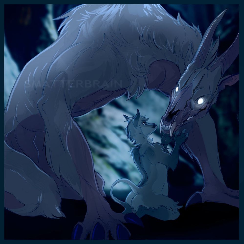 A goat monster with exposed muscle and a skeletal face hunched over a smaller goat lady who is gently reaching for her face.
