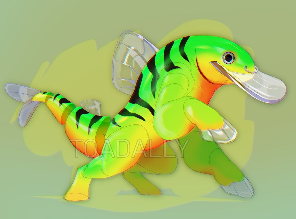 An anthropomorphic character based off of a fishing lure with a fire tiger coloration