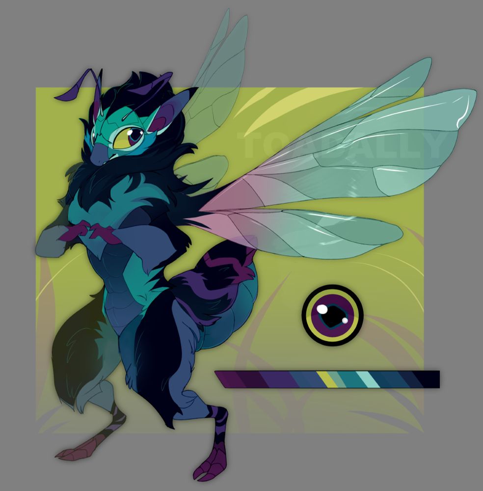 A dark turquoise, purple, and blue bee dragon with a black/deep blue mane and striping on the arms, legs and abdomen.