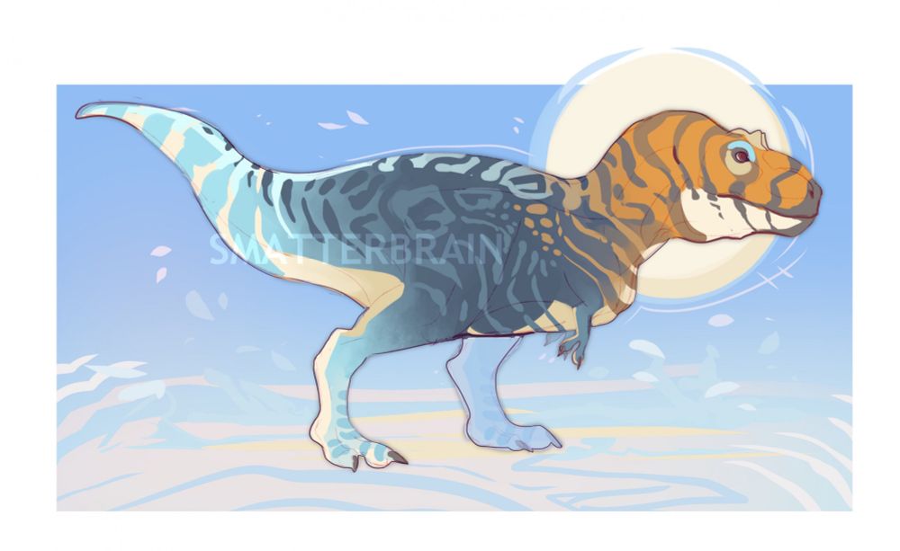 A tyrannosaur with a gradient of color down its body. It’s head is orange, it’s main body is dark blue and it has a sky blue tail. It’s chin and belly are cream. Stripes abound across its scaly hide with a few forming rosettes around the dorsal region.
